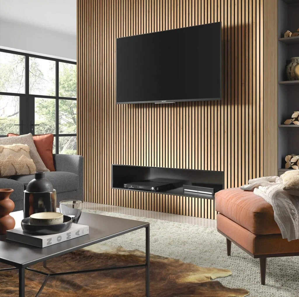Modern Vertical Wood Slat Wall Paneling Living Room