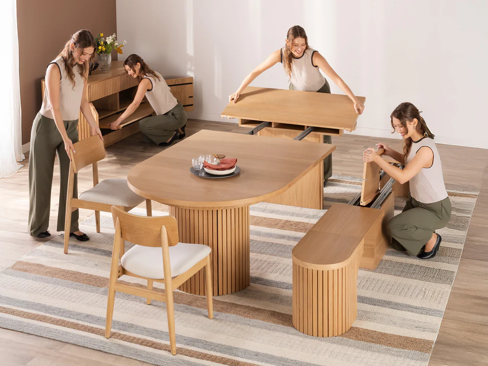Round to Oval Expandable Wood Tables with Self-Storing