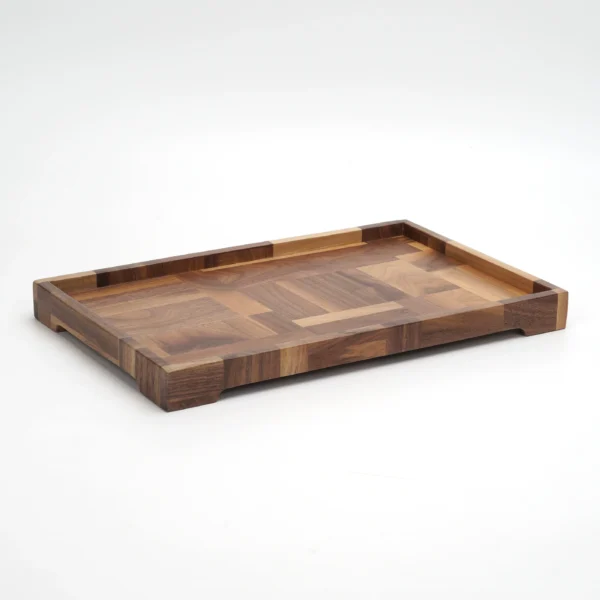 O1CN019eWUHu1WOpmUci8Ze_725762779.webp Black walnut solid wood tray with spliced Japanese style design, shown in a rectangular shape with handle.