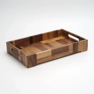 Black walnut solid wood tray with spliced Japanese style design, shown in a rectangular shape with handle.