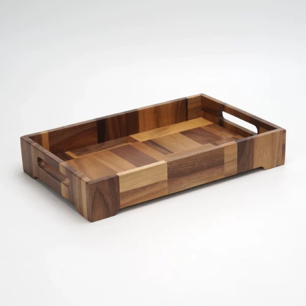 O1CN01LdMAT21WOpmWBXt6r_725762779.webp Black walnut solid wood tray with spliced Japanese style design, shown in a rectangular shape with handle.