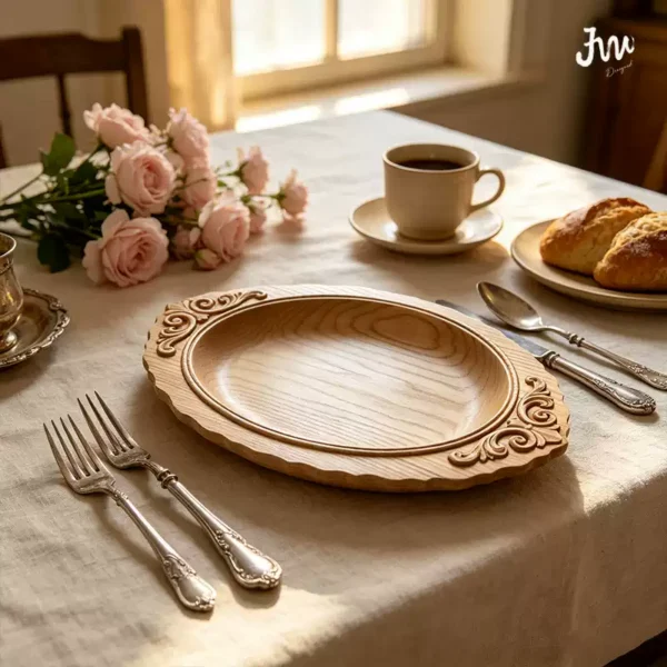 North American ash solid wood tray with natural grain, unpainted and colorless, shown as a dry fruit plate and tea tray in a vintage mid-century style.