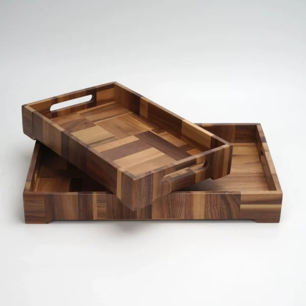 O1CN01OIadFF1WOpmUzaxcW_725762779.webp Black walnut solid wood tray with spliced Japanese style design, shown in a rectangular shape with handle.