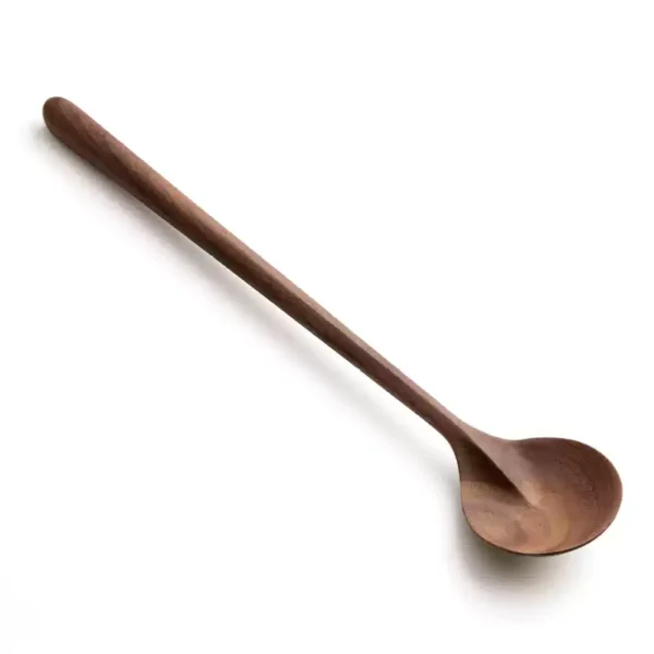 Round solid wood spoon with long handle in black walnut, cherry wood, or hard maple