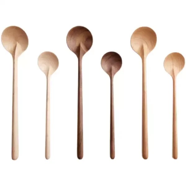 Round solid wood spoon with long handle in black walnut, cherry wood, or hard maple