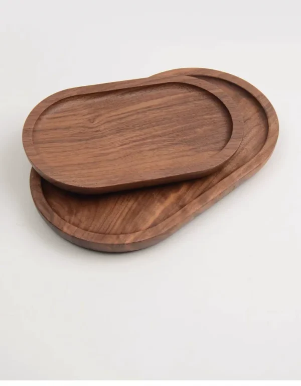 Oval walnut serving tray with Japanese style design, solid wood, for afternoon tea and snacks