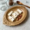 North American ash solid wood tray with natural grain, unpainted and colorless, shown as a dry fruit plate and tea tray in a vintage mid-century style.