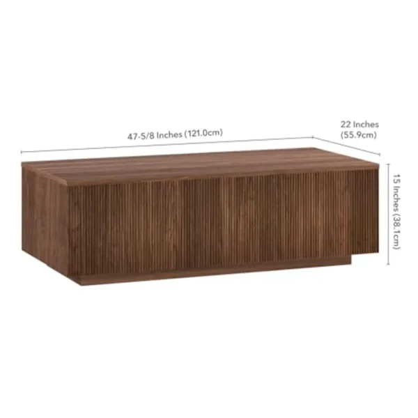 Close-up of the vertical fluted channels on the wood coffee table base