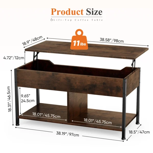 Two open shelves under a lift top coffee table storing remotes and books