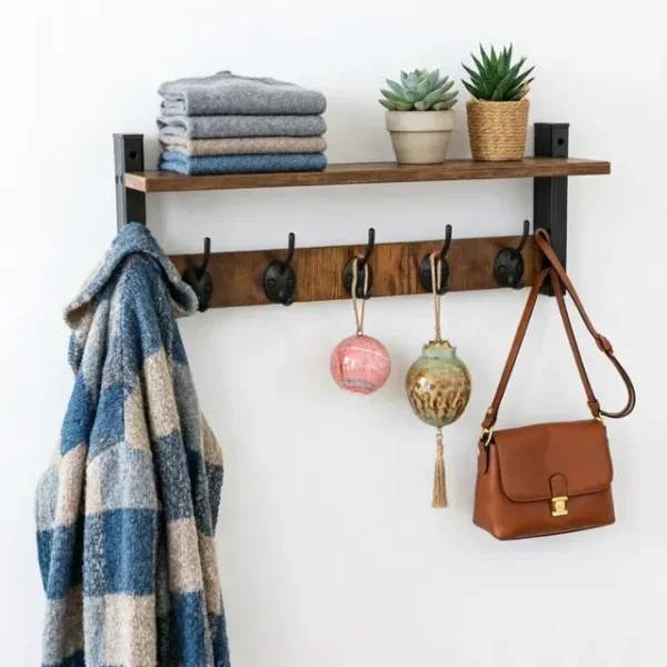 Rustic Wood Wall Shelf with 5 Hooks for Entryway