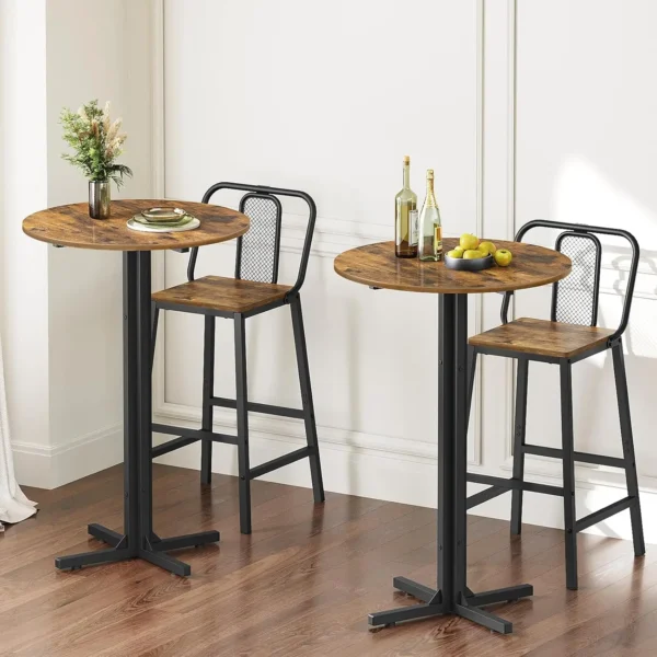 Round metal-frame bar table pair styled for a compact dining room
