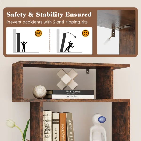 Six-tier open bookshelf holding books, plants and framed photos