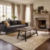Coffee table styled in front of a sofa in a compact apartment living room