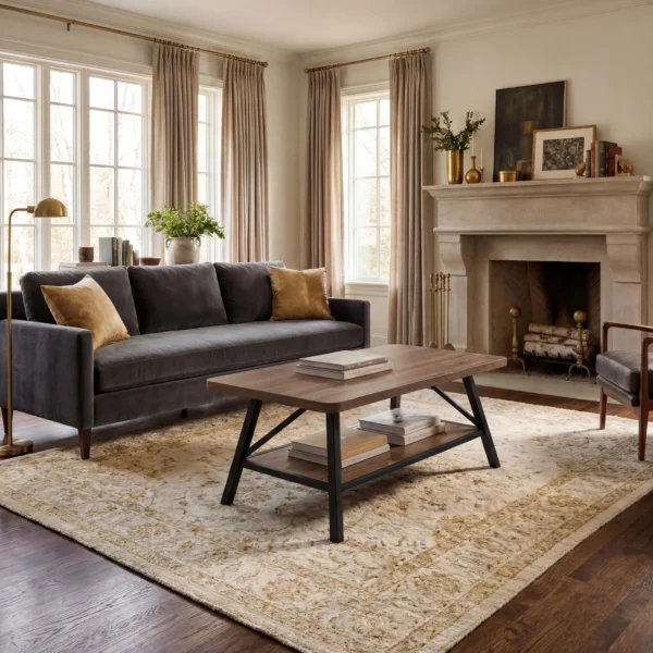 Coffee table styled in front of a sofa in a compact apartment living room