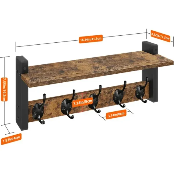 Rustic Wood Wall Shelf with 5 Hooks for Entryway