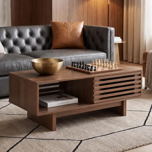 mid-century-modern-coffee-table-storage-living-room-6 Wide block legs and reinforced connections beneath the rectangular coffee table