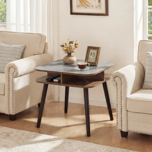 Square faux marble side table with four-sided open storage shelves