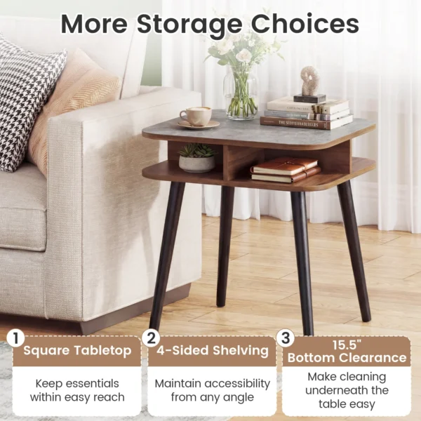 End table beside a sofa with a lamp and books on the 24 inch top