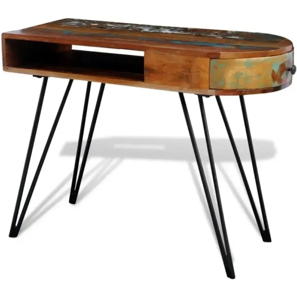 Under-table storage compartment beneath the solid wood industrial desk