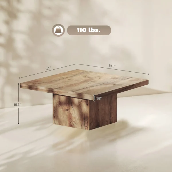 Close-up of the light brown wood-grain melamine surface of the square coffee table