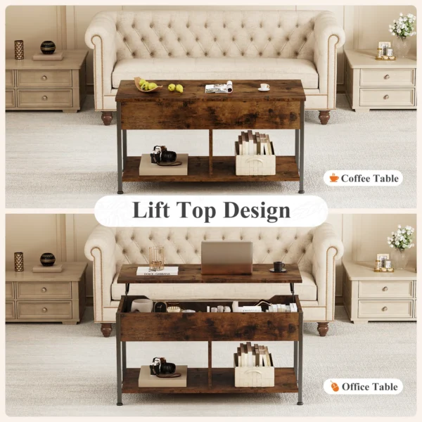 Black lift top coffee table with two open shelves holding books and blankets