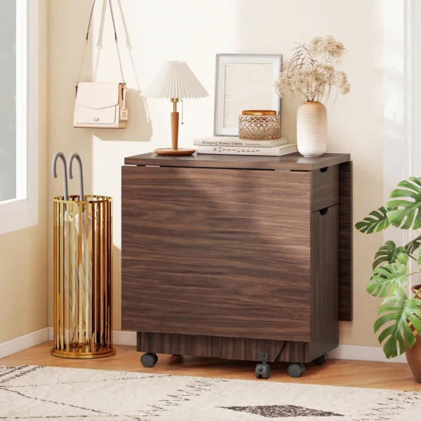Two large drawers and two cabinets open beneath the folding dining table