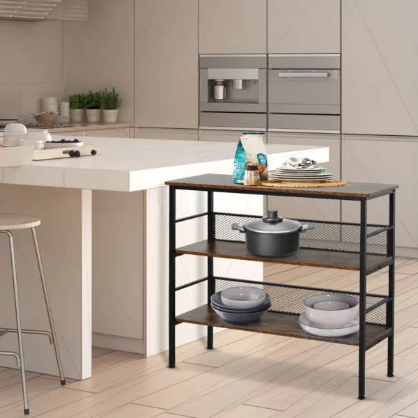 Industrial console table with shelves standing against a hallway wall