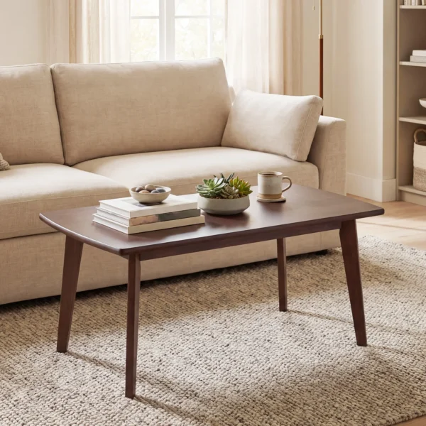 Angled shot of the walnut wood-grain coffee table with tapered legs on a rug
