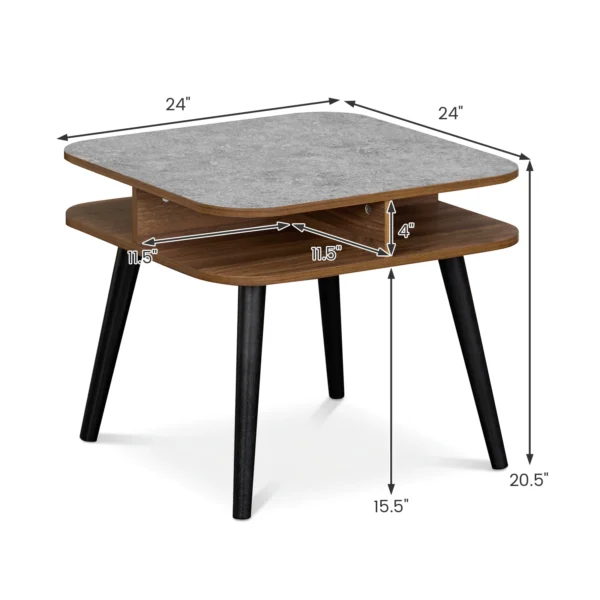 Faux marble end table in walnut finish used as a bedroom nightstand