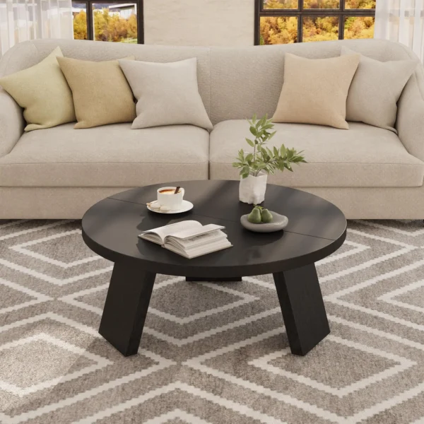 Round coffee table paired with a compact sofa in a small apartment living space