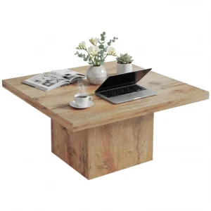 Square wood coffee table with light brown wood-grain top in a minimalist living room