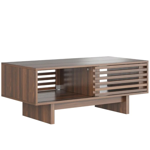 mid-century-modern-coffee-table-storage-living-room-8 Mid-century coffee table with slatted door in a room with modern and farmhouse decor