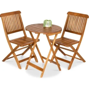 acacia-wood-patio-set-3-piece-bistro-1 Three-piece acacia wood patio set with two chairs and a round table on a balcony