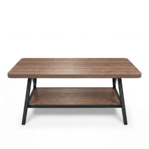 39 inch rectangular industrial coffee table with wood-look top in a small living room