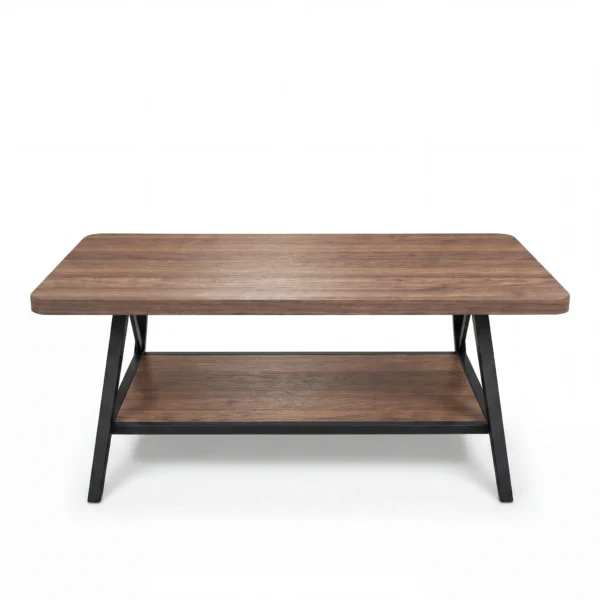 39 inch rectangular industrial coffee table with wood-look top in a small living room