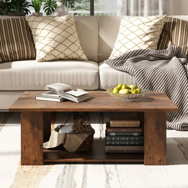 large-coffee-table-living-room-41-inch-two-tier-3 Side view of the 41 x 20.5 x 12.5 inch coffee table frame with low-profile proportions