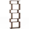 Tall narrow bookshelf with six open tiers in an S-shaped geometric design