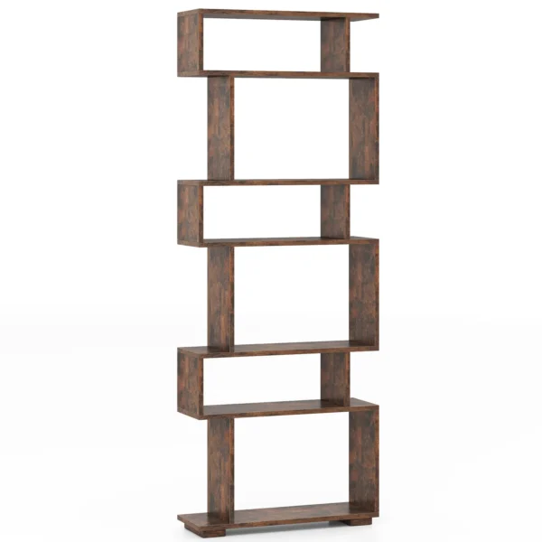 Tall narrow bookshelf with six open tiers in an S-shaped geometric design