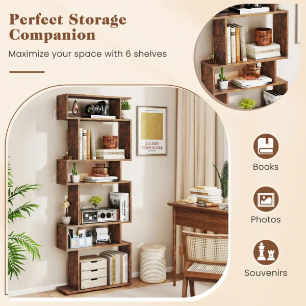 S-shaped bookcase used as a room divider in an open-plan space