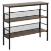 Three-tier industrial console table in brown with metal frame and wooden shelves
