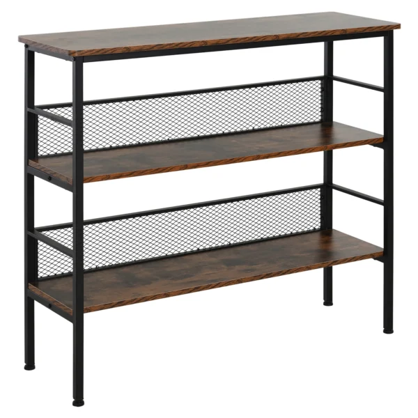 Three-tier industrial console table in brown with metal frame and wooden shelves