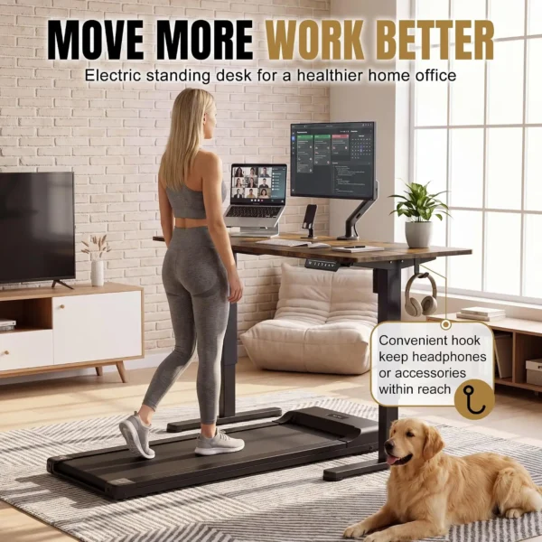 Compact sit-stand desk raised to standing height with a monitor and keyboard on top