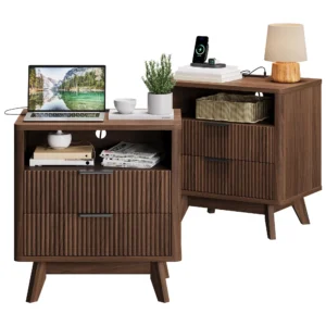 mid-century-bedside-table-set-of-2-1 Pair of mid century bedside tables in wood finish side by side