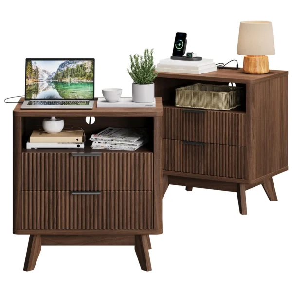 Pair of mid century bedside tables in wood finish side by side
