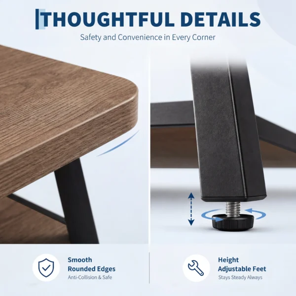 Wood-look tabletop surface on a sturdy metal frame, close-up detail