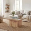 Minimalist modern living room layout with the square wood coffee table between two armchairs