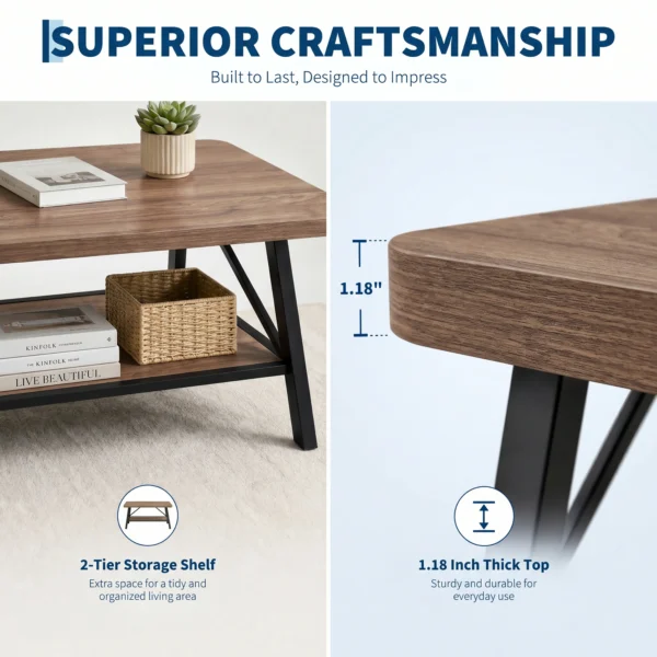 Two-tier coffee table showing the open storage shelf beneath the tabletop