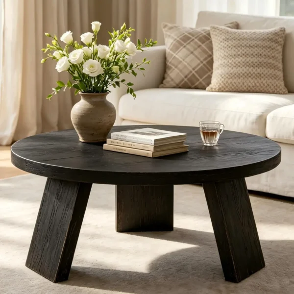 Round coffee table in a white wood-grain finish styled in a bright minimalist room