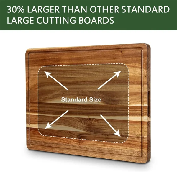 Built-in handle on the extra large wood cutting board being carried