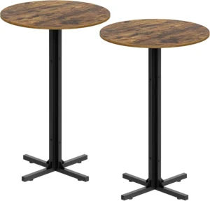 Set of two round bar height cocktail tables with rustic brown and black finishes